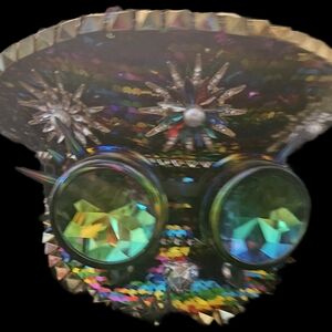 Rainbow Bedazzled Sequin Steampunk Hat with Goggles